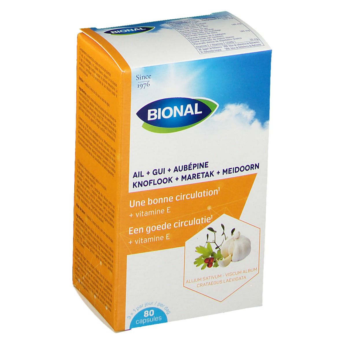 Boîte Bional. Inscription: Ail + Gui + Aubépine, 80 capsules. Logo et noms de produits.