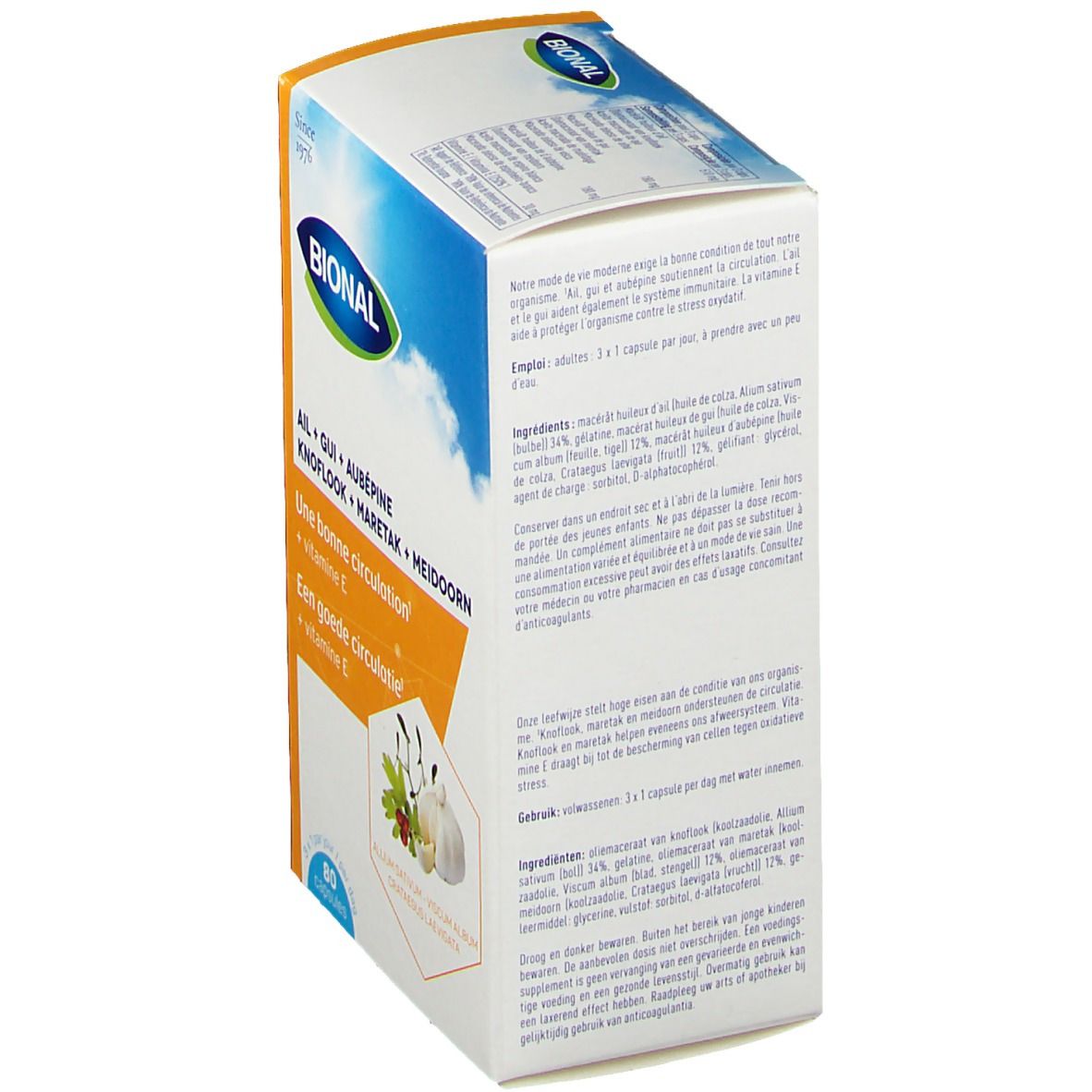Boîte Bional. Inscription: Ail + Gui + Aubépine, 80 capsules. Logo et noms de produits.
