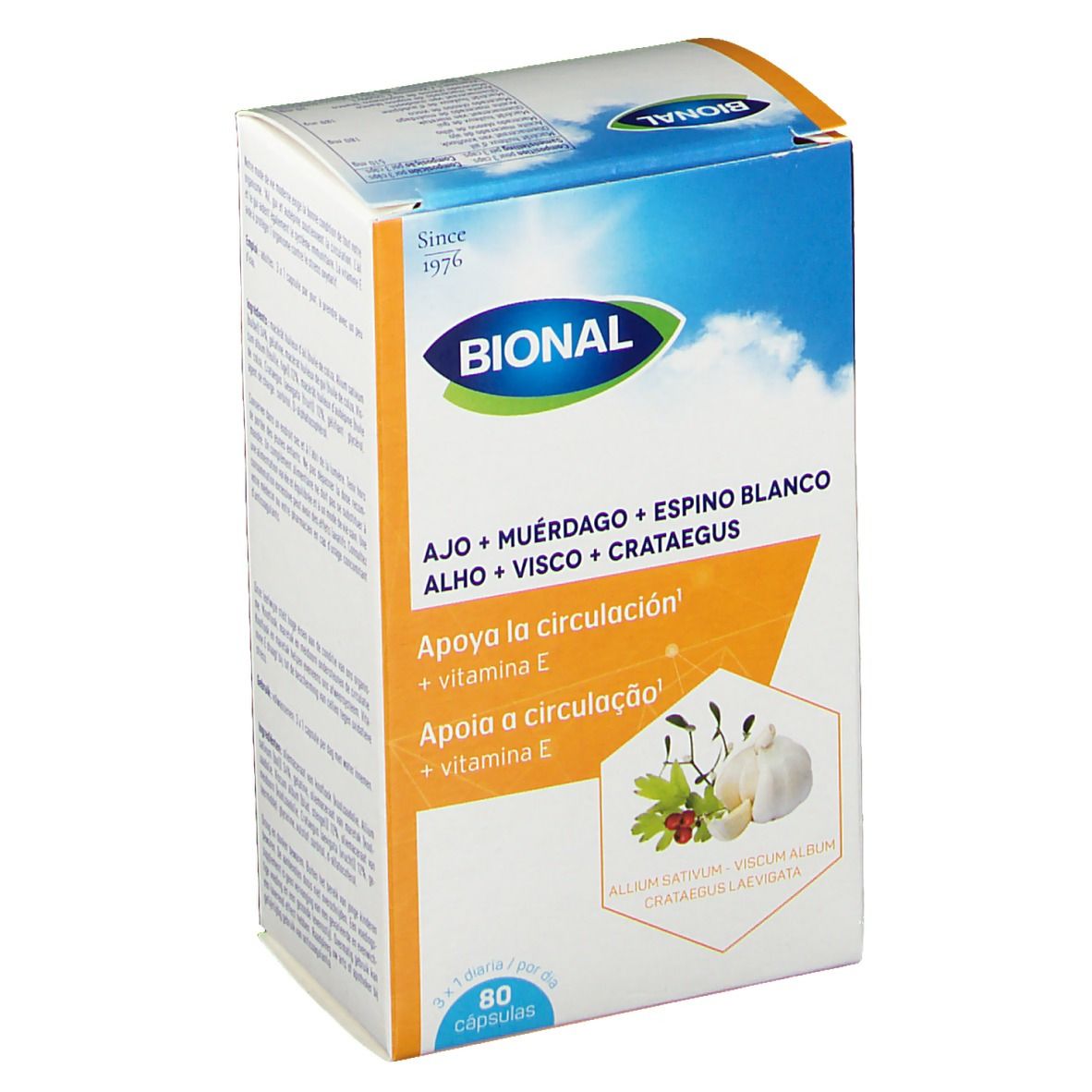 Boîte Bional. Inscription: Ail + Gui + Aubépine, 80 capsules. Logo et noms de produits.