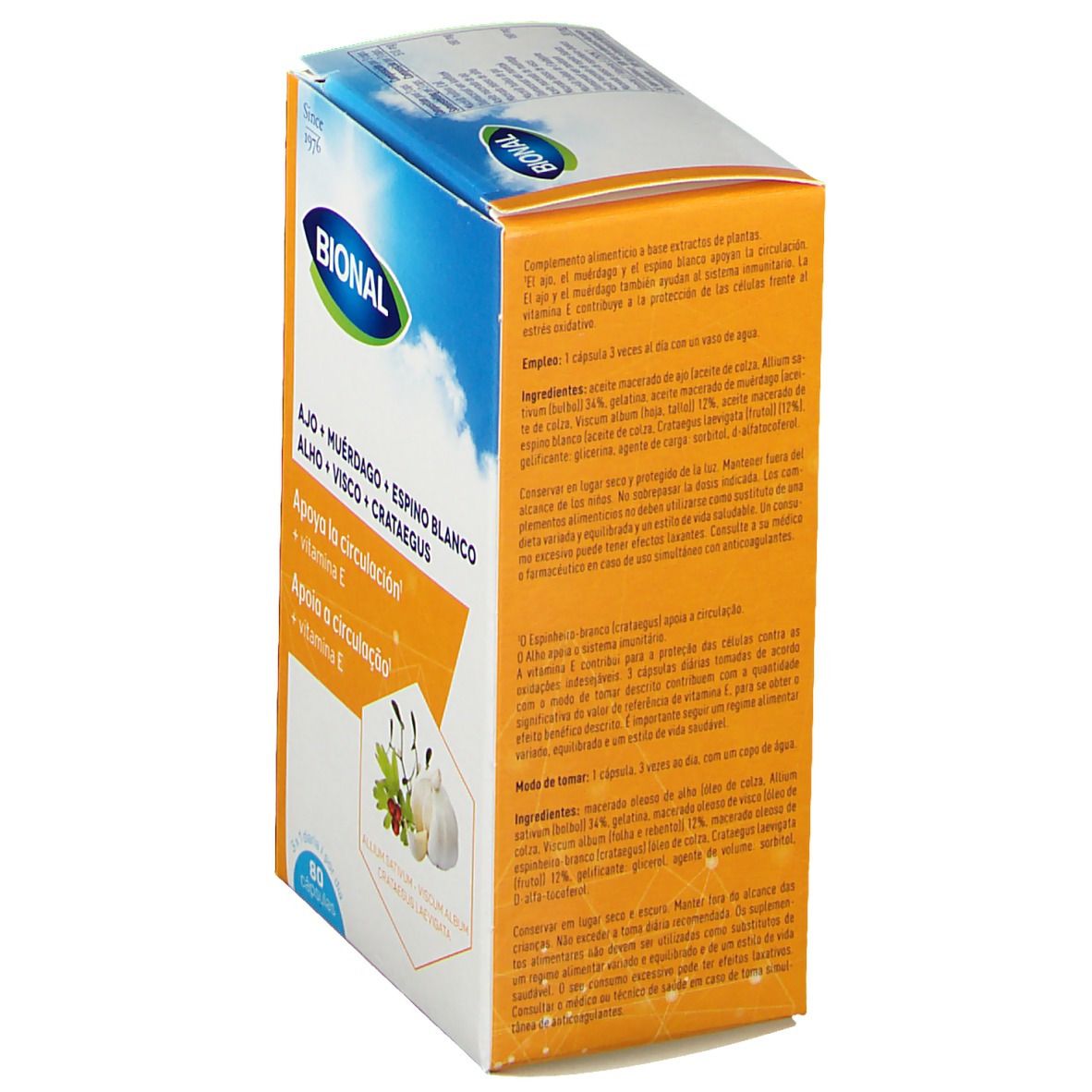 Boîte Bional. Inscription: Ail + Gui + Aubépine, 80 capsules. Logo et noms de produits.
