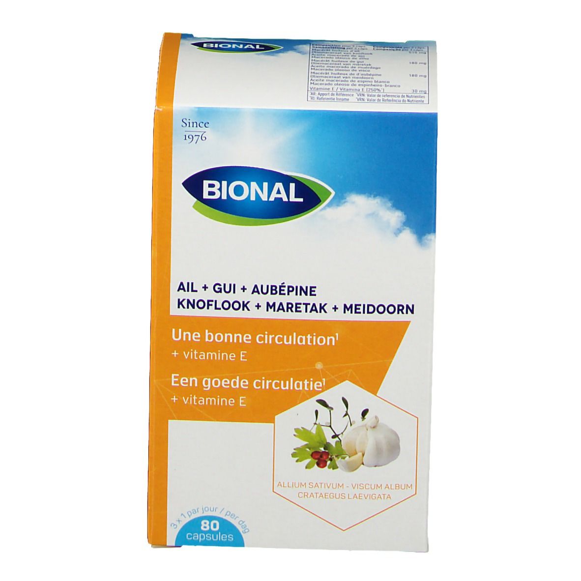 Boîte Bional. Inscription: Ail + Gui + Aubépine, 80 capsules. Logo et noms de produits.