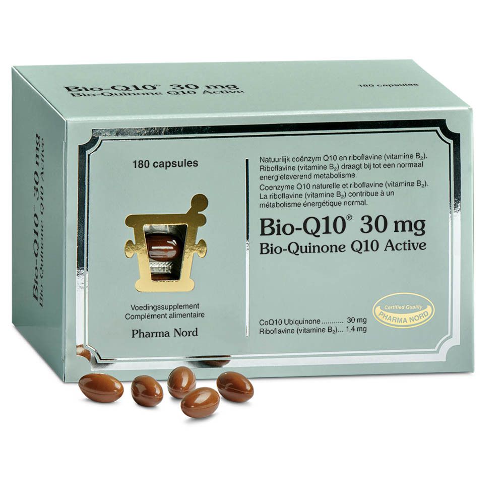 Doosje met Bio-Q10 30 mg capsules. Productinformatie op de doos.