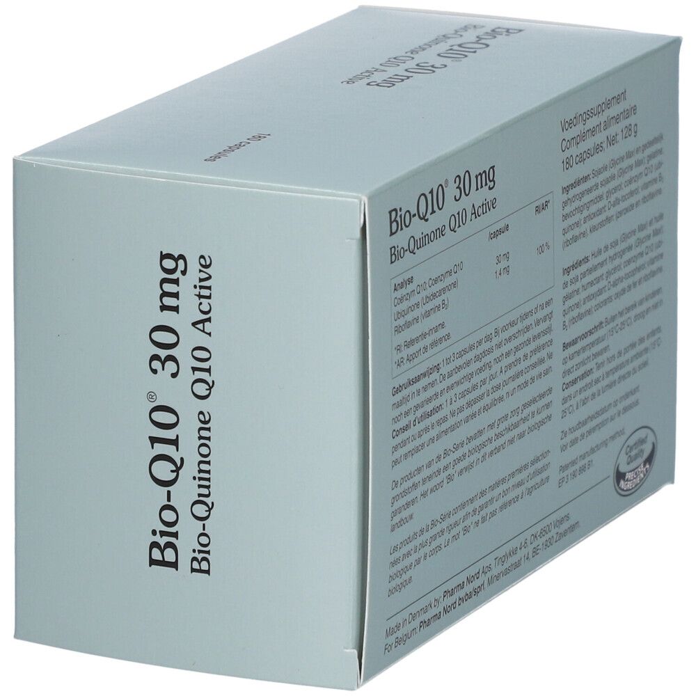 Doosje met Bio-Q10 30 mg capsules. Productinformatie op de doos.
