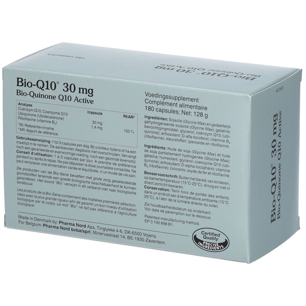 Doosje met Bio-Q10 30 mg capsules. Productinformatie op de doos.