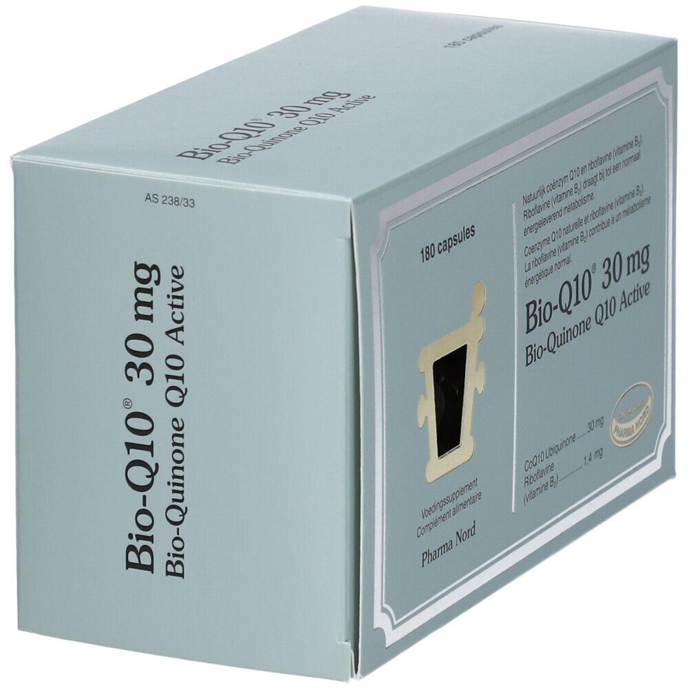 Doosje met Bio-Q10 30 mg capsules. Productinformatie op de doos.