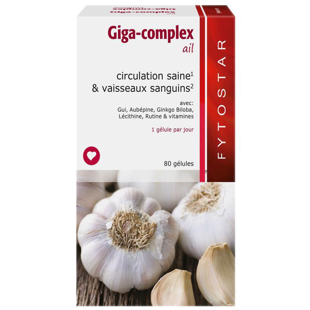 Doos Fytostar Giga-complex look. Illustratie van knoflook. 80 capsules. 1 capsule per dag.