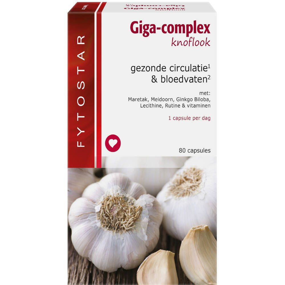 Doos Fytostar Giga-complex knoflook. Illustratie van knoflook. 80 capsules. 1 capsule per dag.