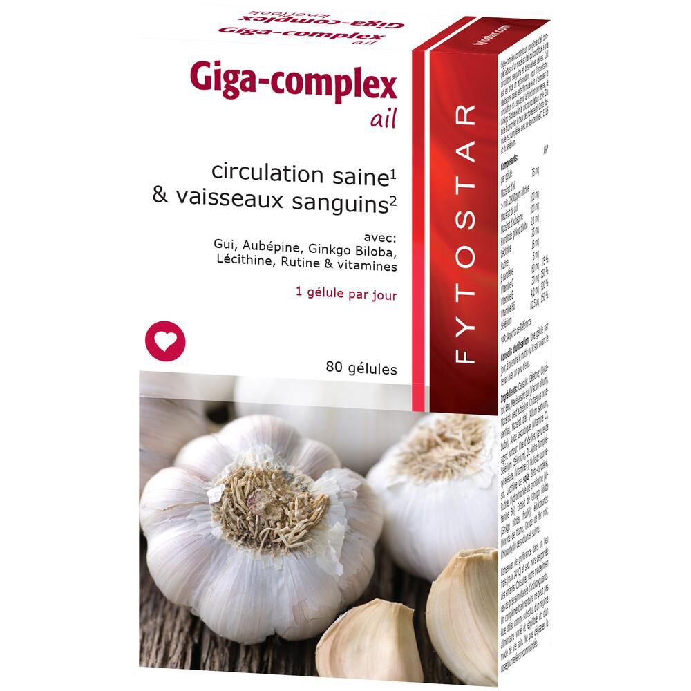 Doos Fytostar Giga-complex look. Illustratie van knoflook. 80 capsules. 1 capsule per dag.