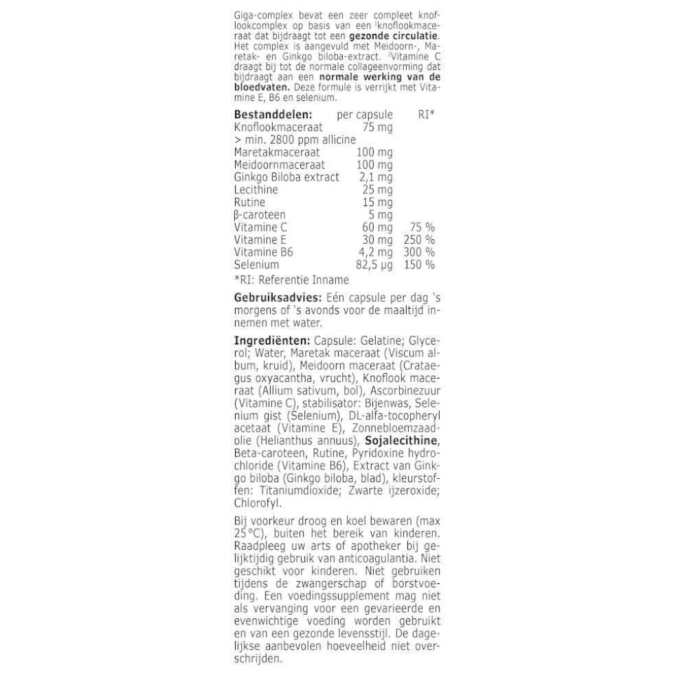 Achterkant verpakking Fytostar Giga-complex. Meertalige tekst. Ingrediëntenlijst en gebruiksaanwijzing.
