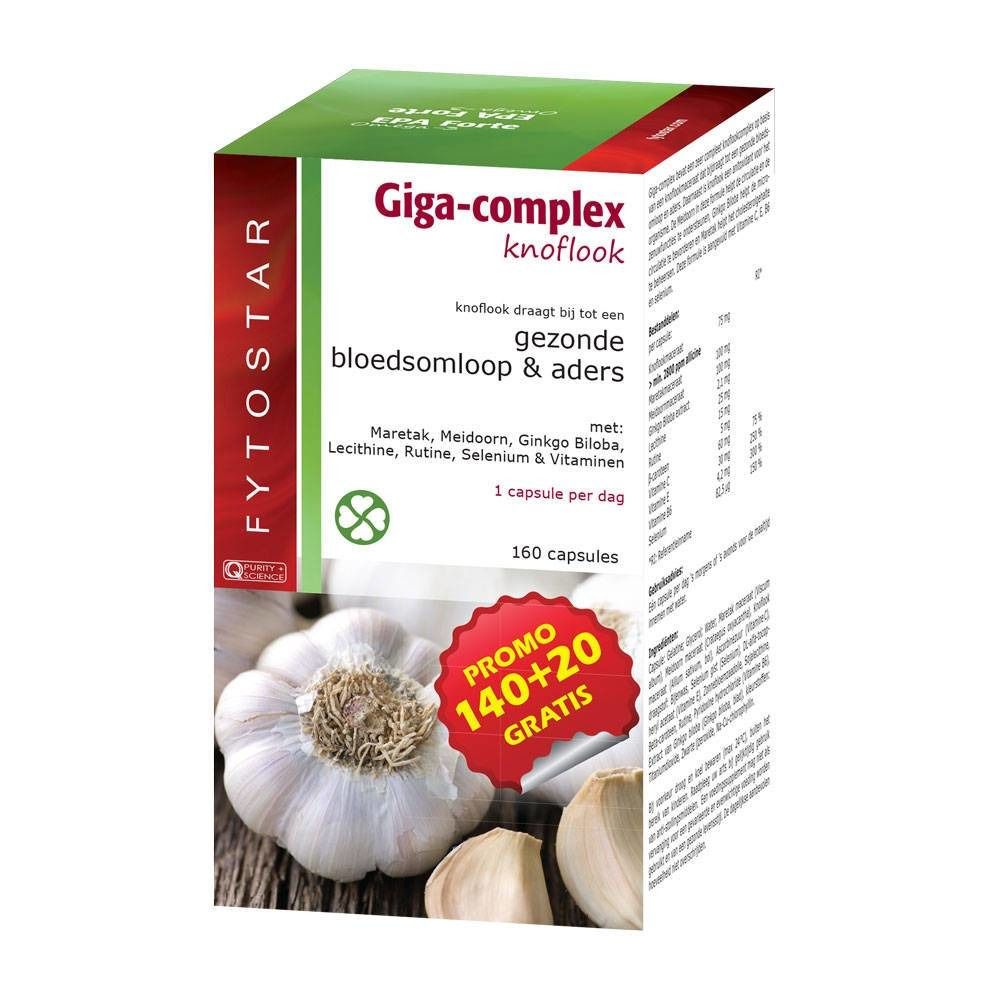 Doos Fytostar Giga-complex knoflook. Knoflookafbeelding. Tekst: Gezonde circulatie & bloedvaten. 160 capsules.