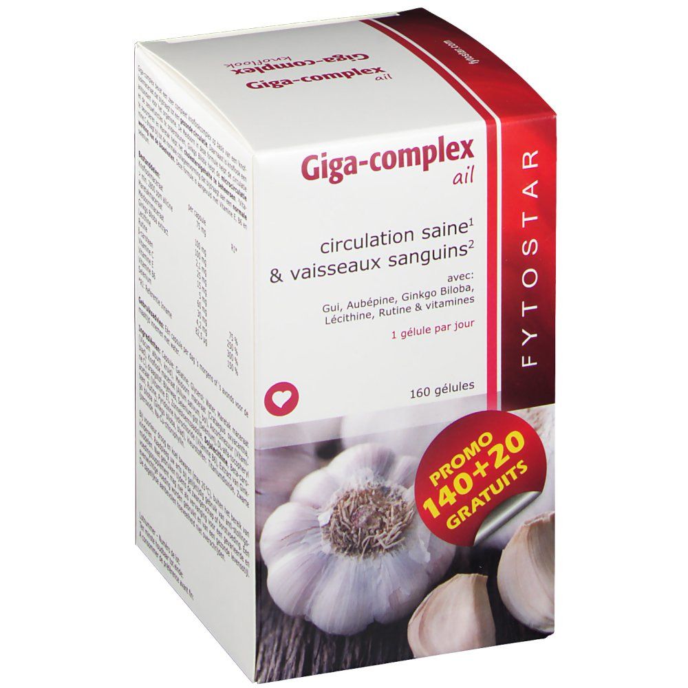 Doos Fytostar Giga-complex ail. Knoflookafbeelding. Tekst: Circulation saine & vaisseaux sanguins. 160 capsules.
