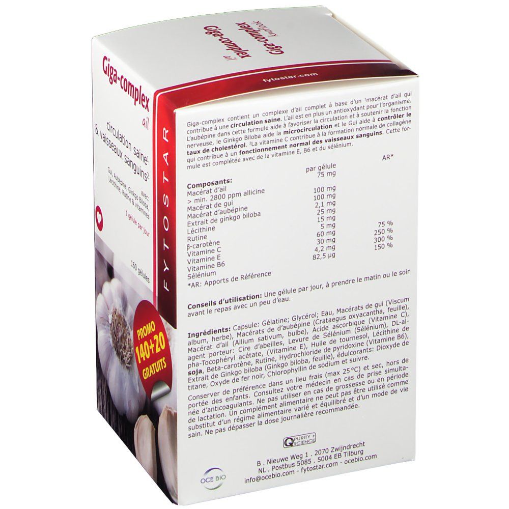 Achterkant Fytostar Giga-complex ail doos. Tekst: Ingrediënten, gebruiksaanwijzing. 160 capsules. Knoflookafbeelding.
