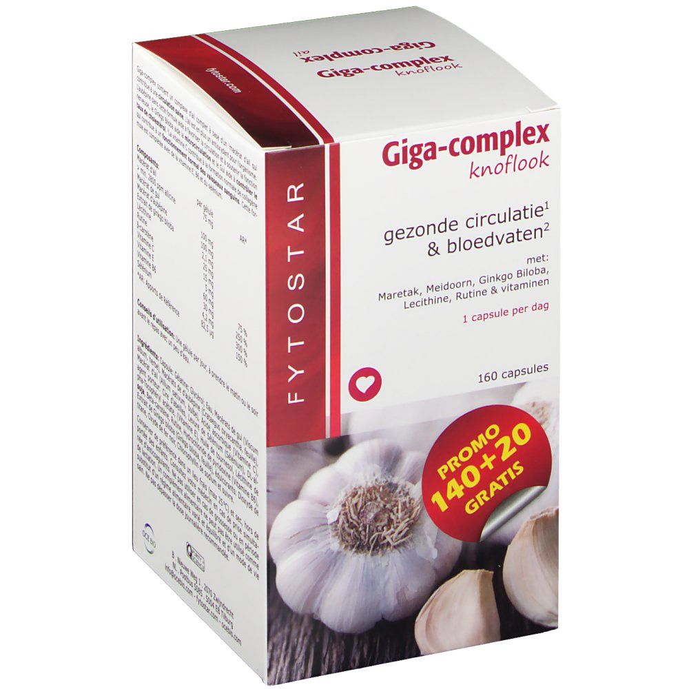 Achterkant Fytostar Giga-complex knoflook doos. Tekst: Ingrediënten, gebruiksaanwijzing. 160 capsules. Knoflookafbeelding.