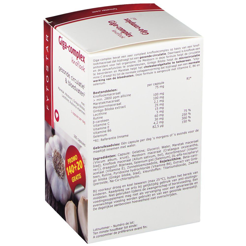 Achterkant Fytostar Giga-complex knoflook doos. Tekst: Ingrediënten, gebruiksaanwijzing. 160 capsules. Knoflookafbeelding.