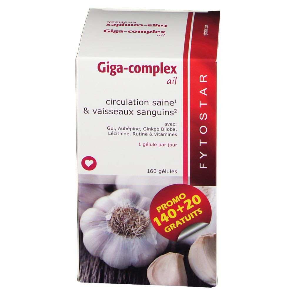 Doos Fytostar Giga-complex ail. Tekst: Circulation saine & vaisseaux sanguins. 160 capsules. Knoflookafbeelding.