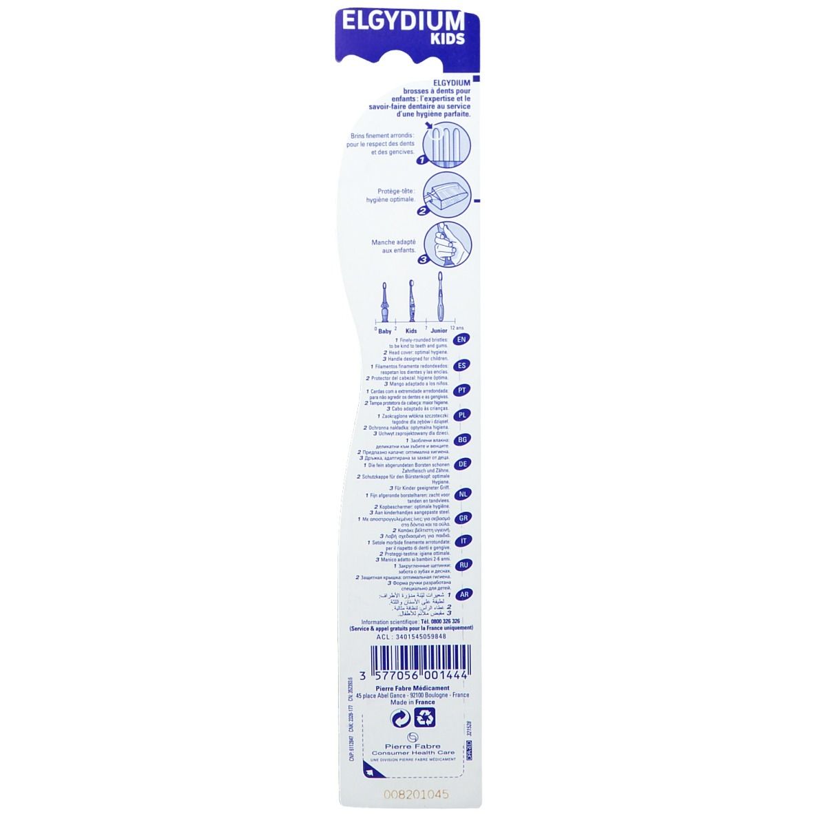Dos de l'emballage de la brosse à dents Elgydium Kids. Contient des informations sur le produit, des illustrations et des logos.