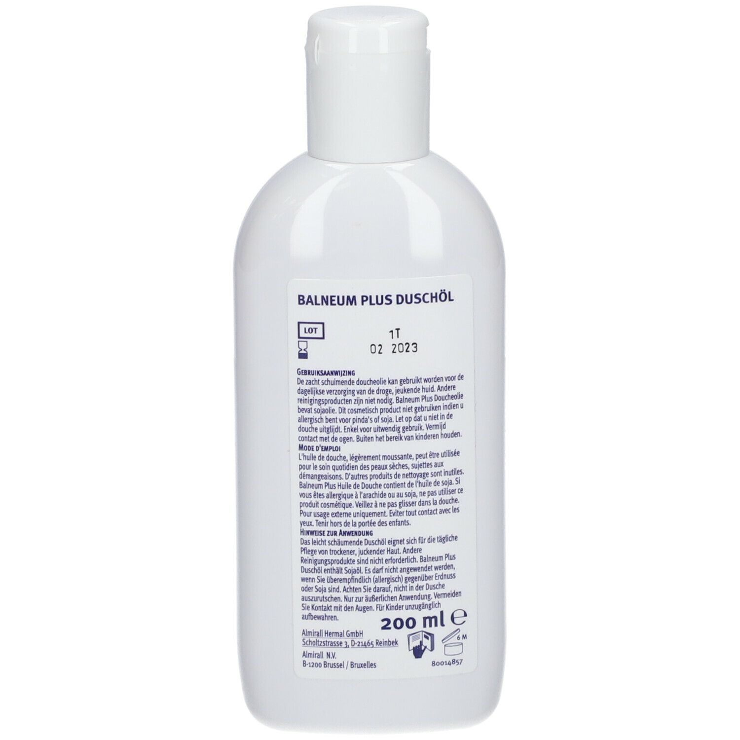 Rückseite der weißen Flasche. Text: Produktinformationen, Chargennummer, Ablaufdatum, 200 ml.