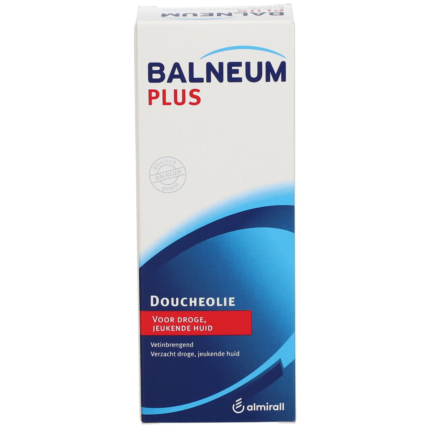 Weiße Verpackung mit blau-roter Grafik. Text: Produktname, Duschöl für trockene, juckende Haut.