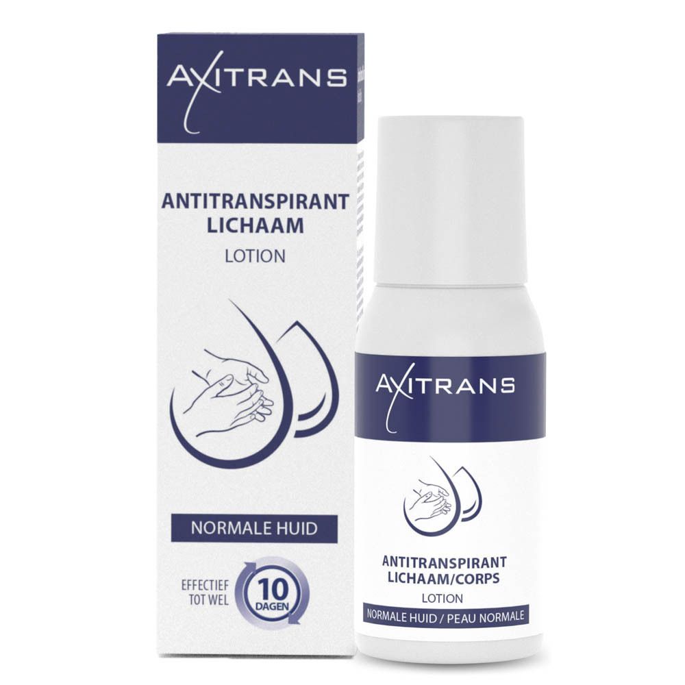 Emballage et flacon Axitrans. Texte : Antitranspirant, corps. Peau normale. Efficacité 10 jours.