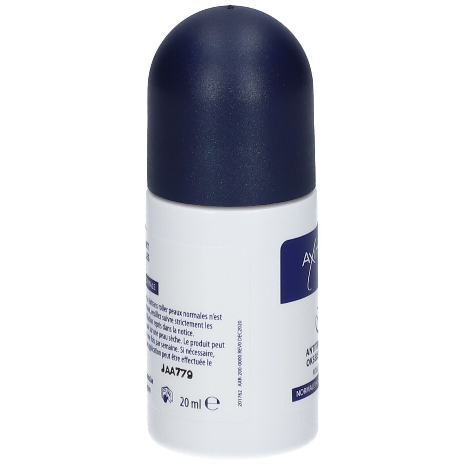 Roller mit blauem Deckel. Aufschrift: Axitrans, Antitranspirant, Roller Classic. Für normale Haut. 20 ml.