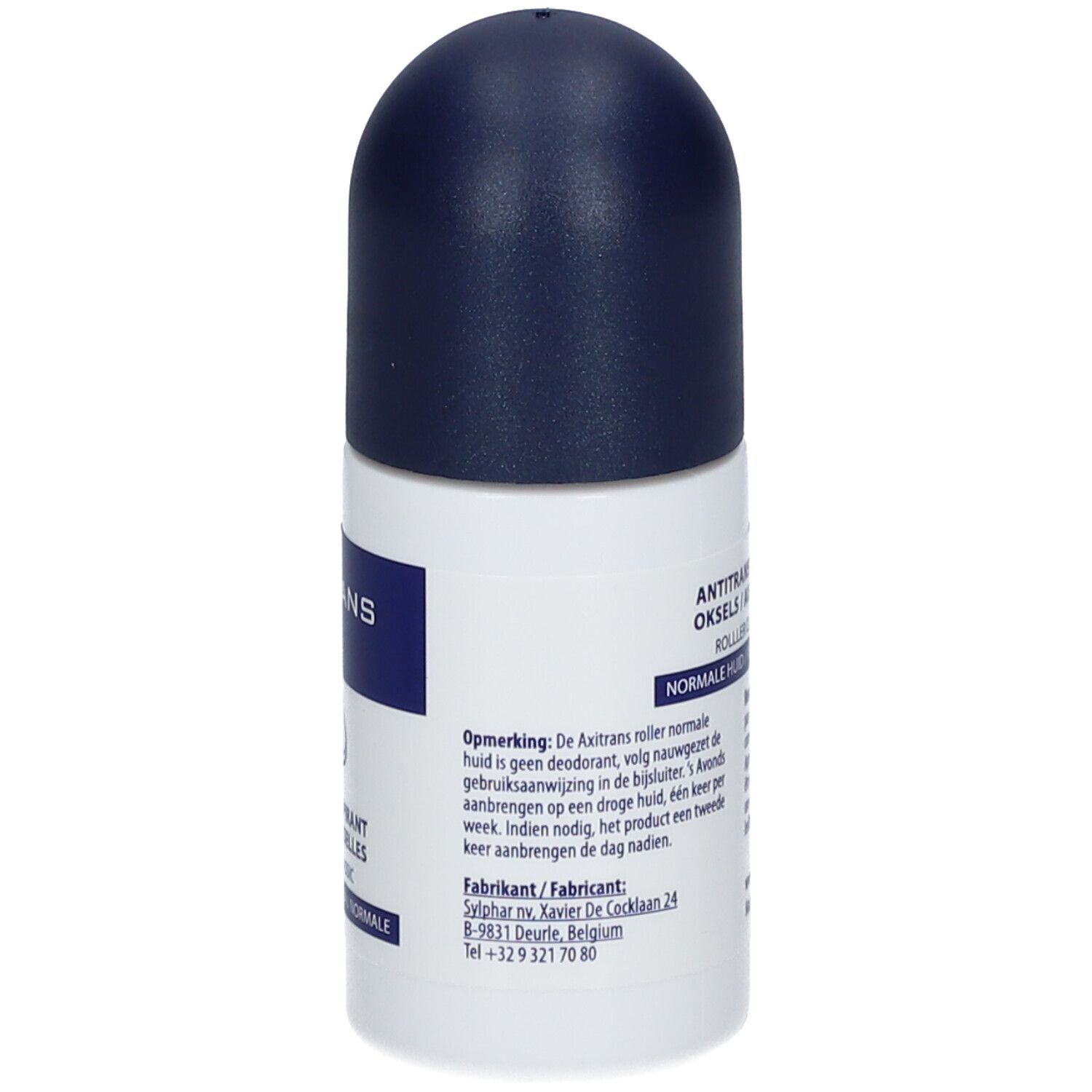 Roller mit blauem Deckel. Aufschrift: Axitrans, Antitranspirant, Roller Classic. Für normale Haut. 20 ml.