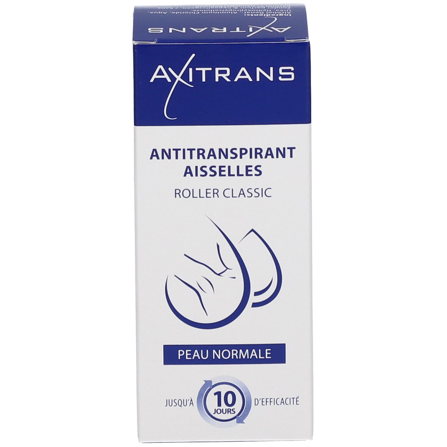 Verpackung mit Aufschrift: Axitrans, Antitranspirant, Roller Classic, für normale Haut. 10 Tage.