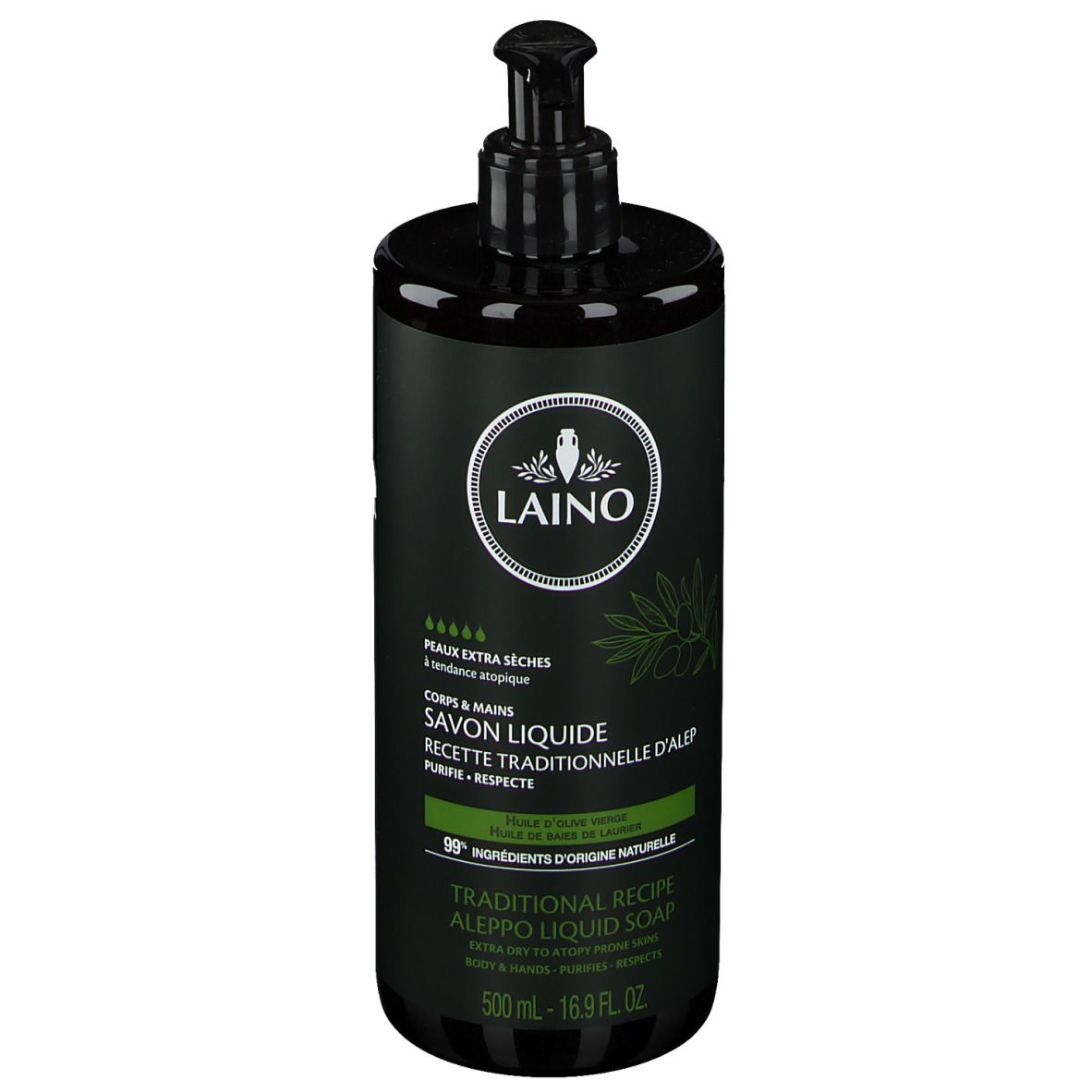 Flacon vert avec pompe noire. LAINO Savon liquide, texte sur l'étiquette. 500 ml.