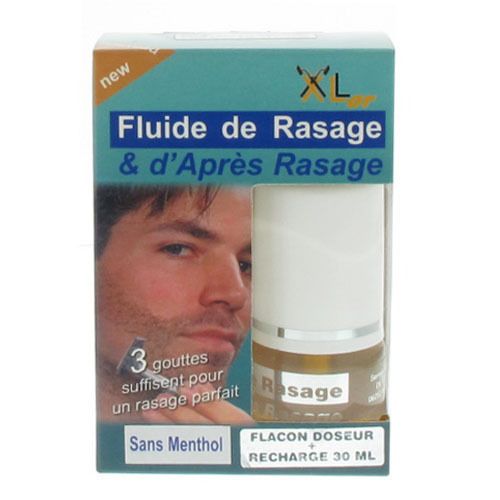 Verpakking met fles. Opschrift: Fluide de Rasage & d'Après Rasage, Sans Menthol. Man met baard. Fles met doseerder.