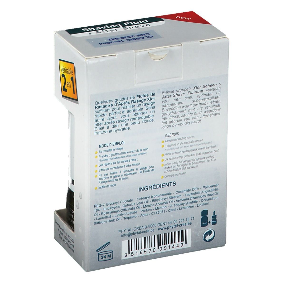 Dos de l'emballage de Xlor Fluide de Rasage & Après Rasage Classic 2 en 1. Informations et ingrédients.