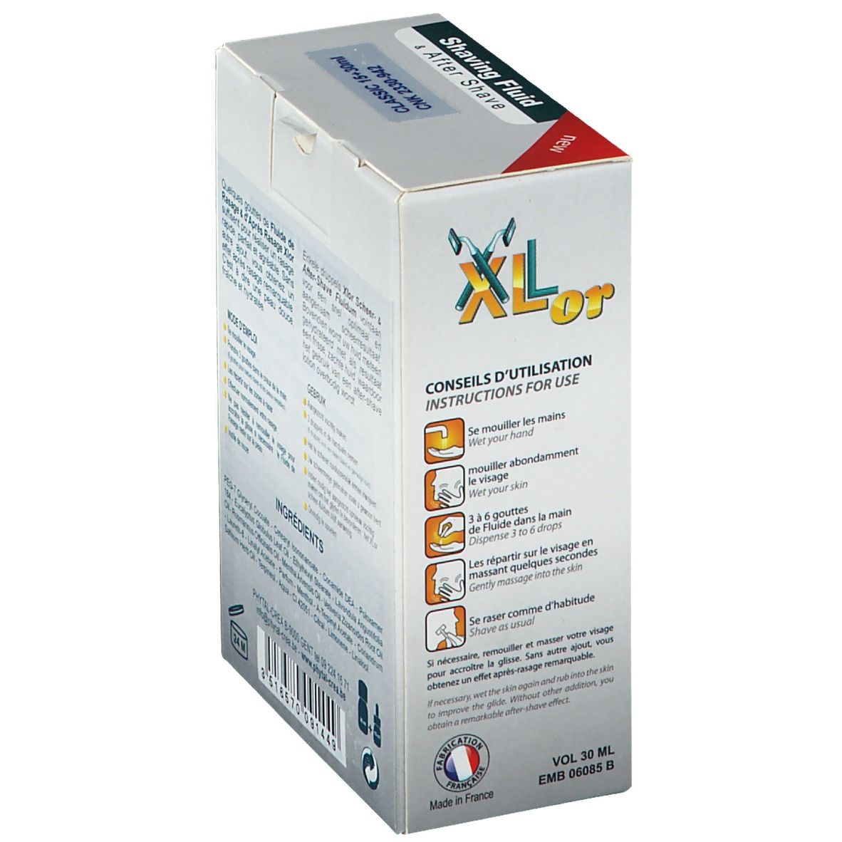 Côté de l'emballage de Xlor Fluide de Rasage & Après Rasage Classic 2 en 1. Mode d'emploi et logo.