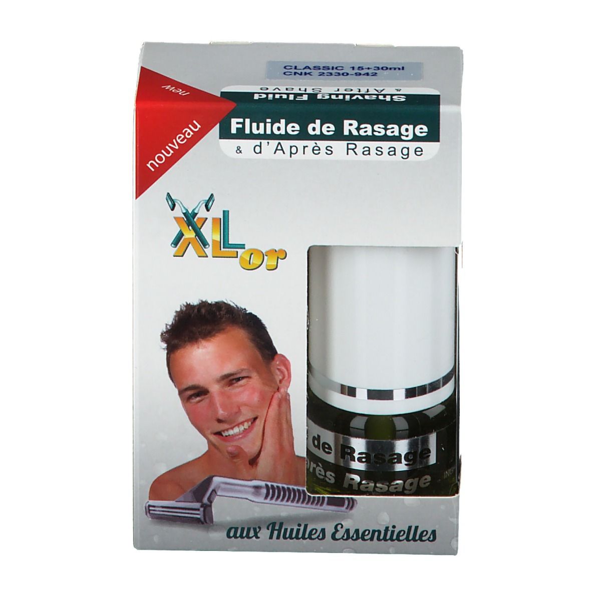 Emballage de Xlor Fluide de Rasage & Après Rasage Classic 2 en 1. Flacon dans support. Homme touchant son visage.
