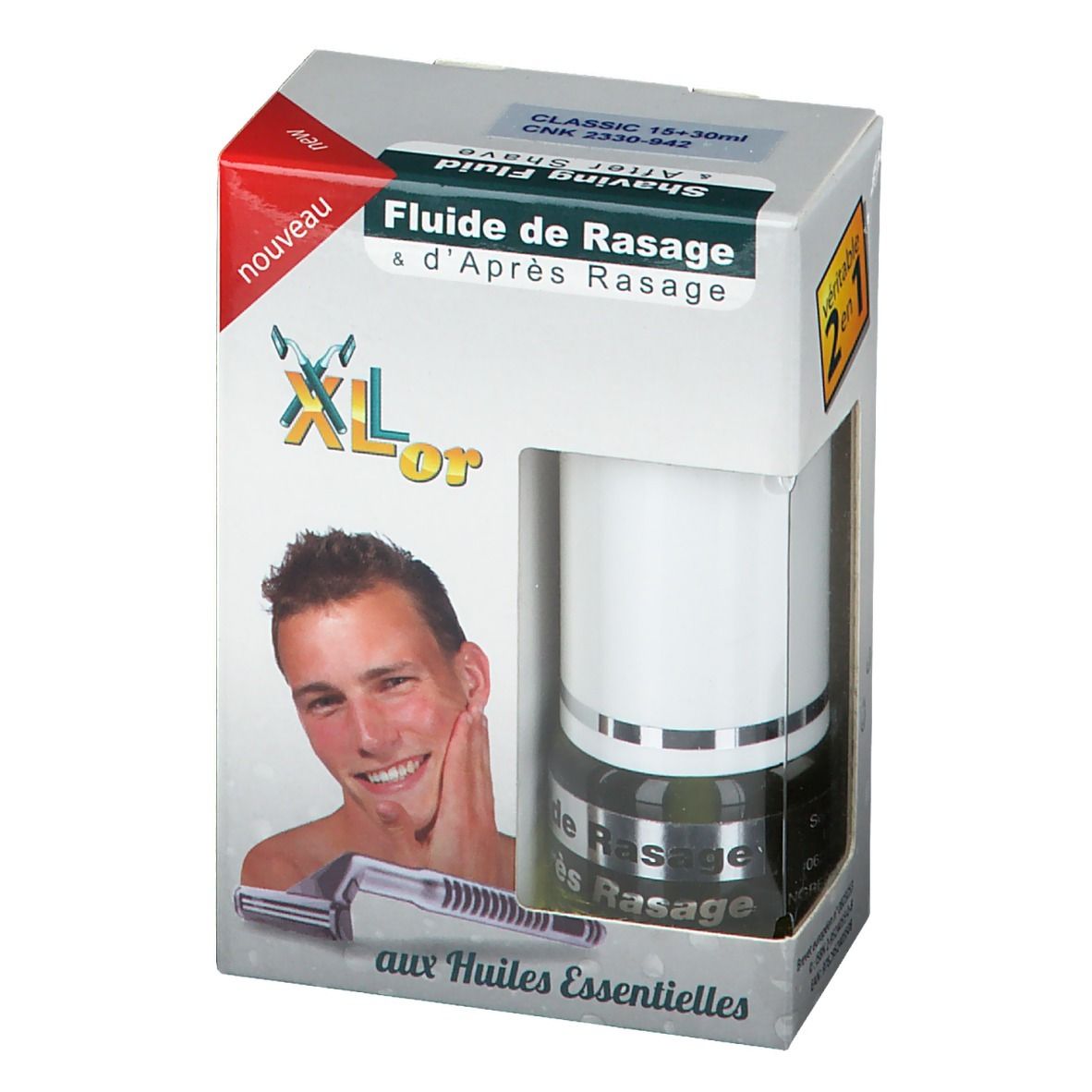 Emballage de Xlor Fluide de Rasage & Après Rasage Classic 2 en 1. Flacon visible. Logo 2 en 1.