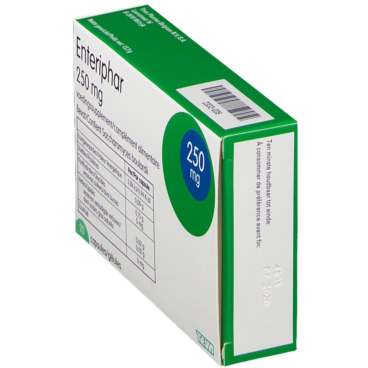 Boîte Enteriphar 250 mg. Emballage vert et blanc. Vue latérale avec code-barres et date de péremption.