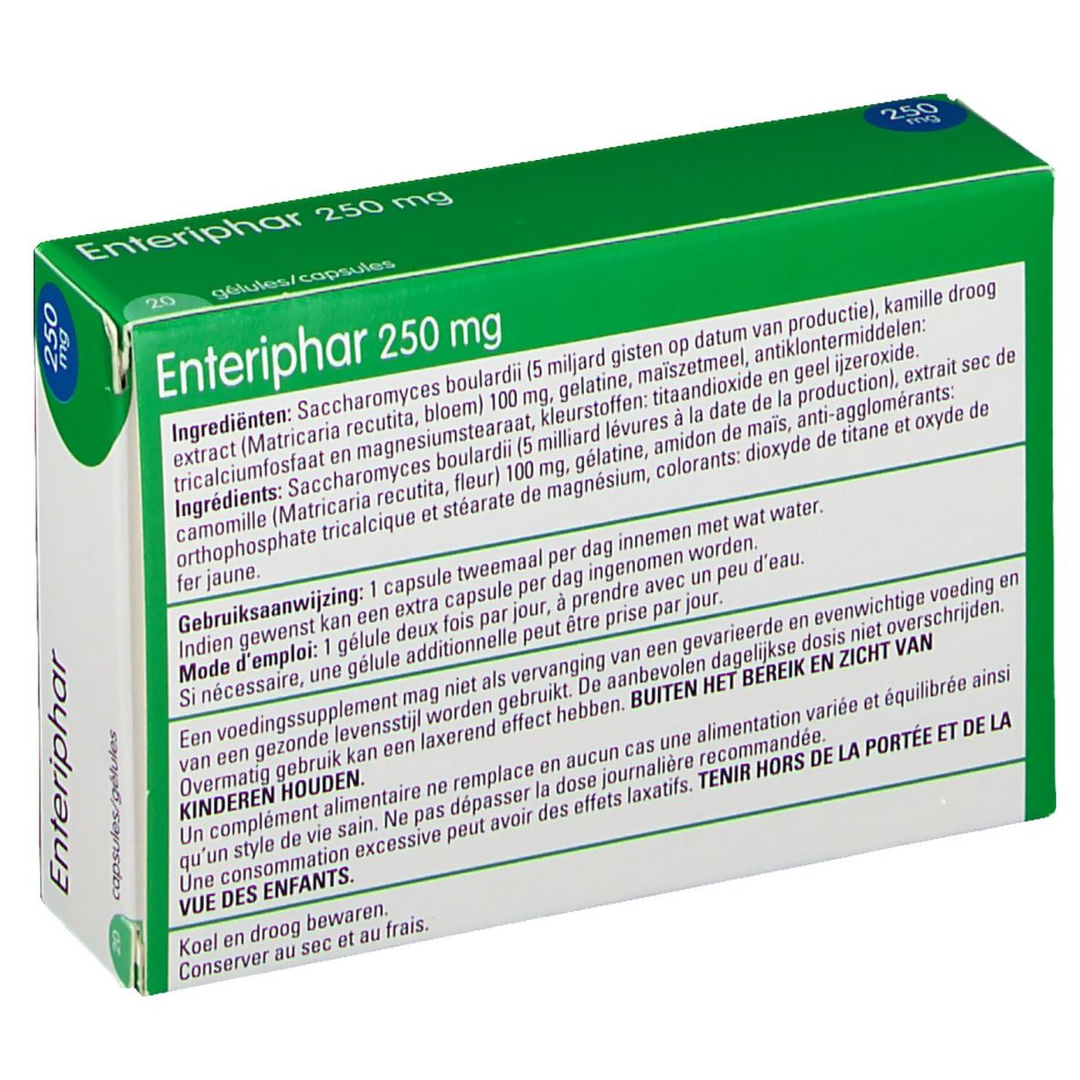 Boîte Enteriphar 250 mg. Emballage vert et blanc. Dos avec ingrédients et mode d'emploi.