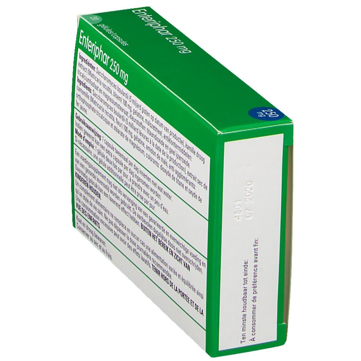 Boîte Enteriphar 250 mg. Emballage vert et blanc. Vue arrière avec ingrédients et date de péremption.