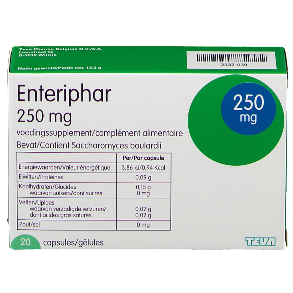 Boîte Enteriphar 250 mg. Emballage vert et blanc. Vue de face avec informations nutritionnelles et 20 gélules.