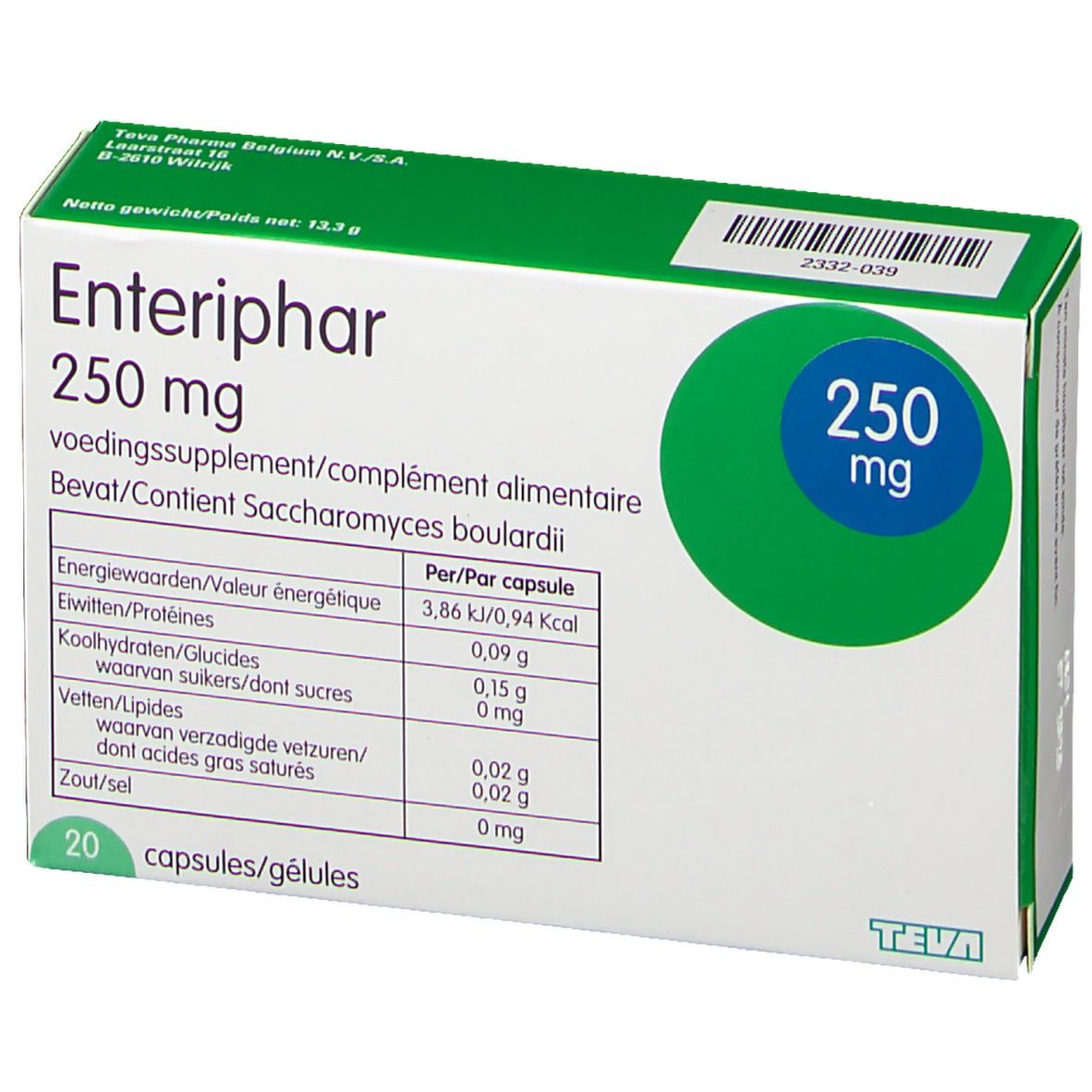 Boîte Enteriphar 250 mg. Emballage vert et blanc. Vue de face avec nom du produit et informations nutritionnelles.