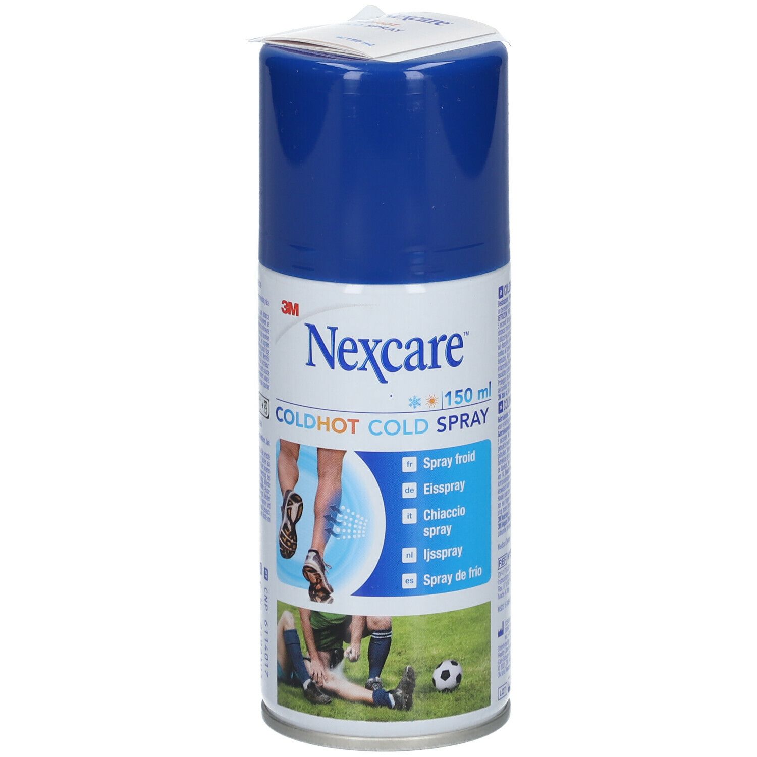 Blauw-witte spuitbus. Opschrift: Nexcare COLDHOT COLD Spray. Illustratie: voetballers. Met 3M-logo.