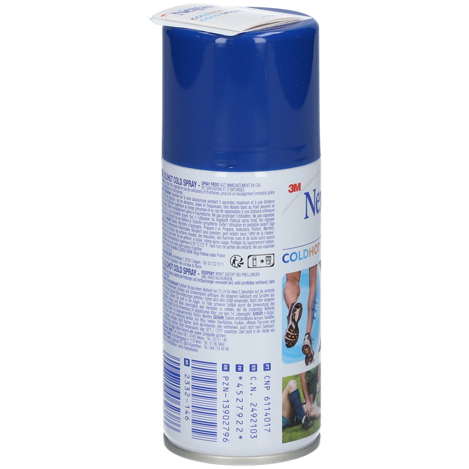 Achterkant van de spuitbus. Tekst en informatie. Opschrift: Nexcare COLDHOT COLD Spray. Met barcode en batchnummer.