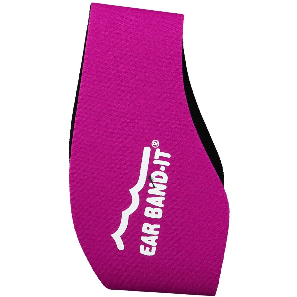 Bandeau d'oreille en néoprène rose avec bord noir. Logo 'EAR BAND-IT'.