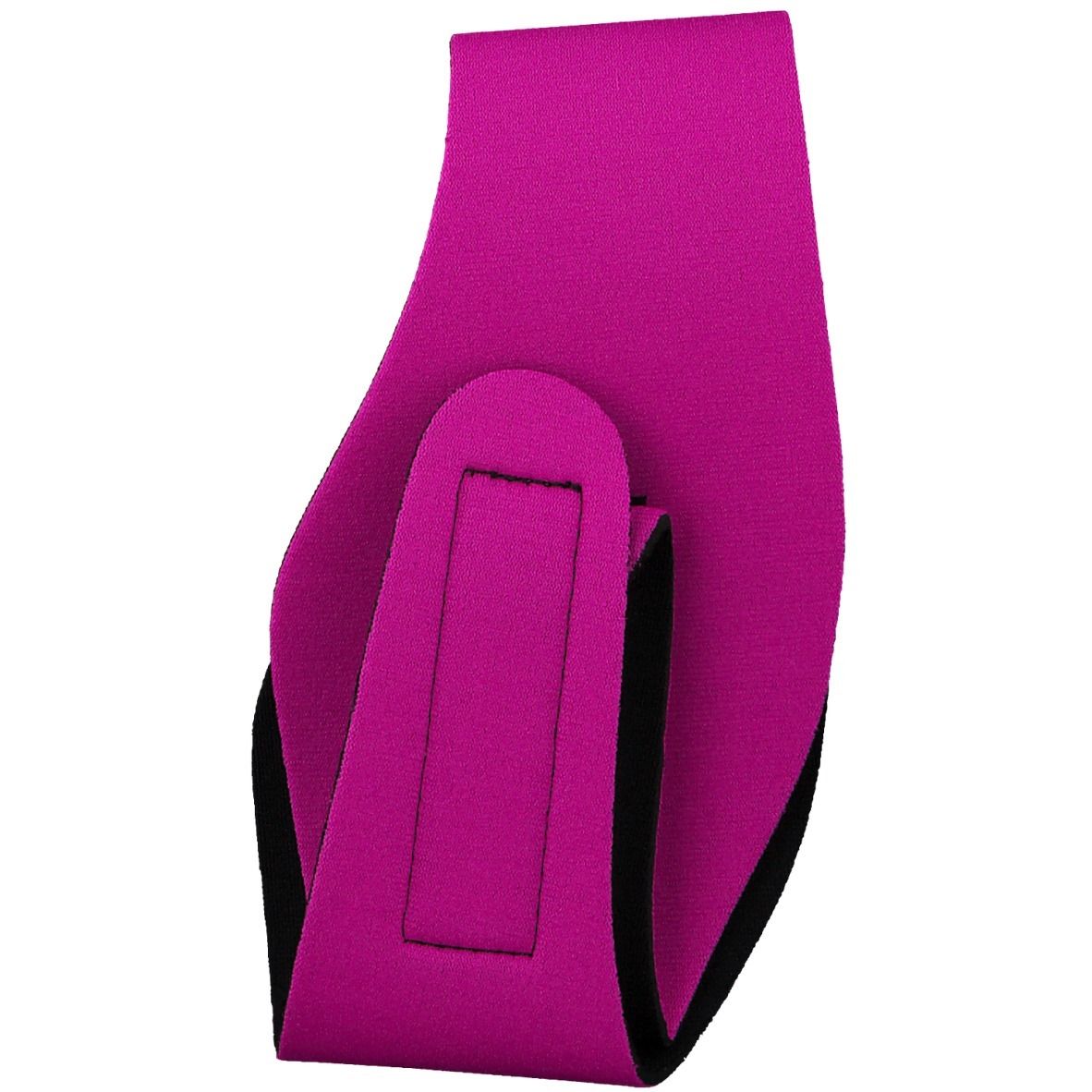 Bandeau d'oreille en néoprène rose avec bord noir et fermeture velcro.