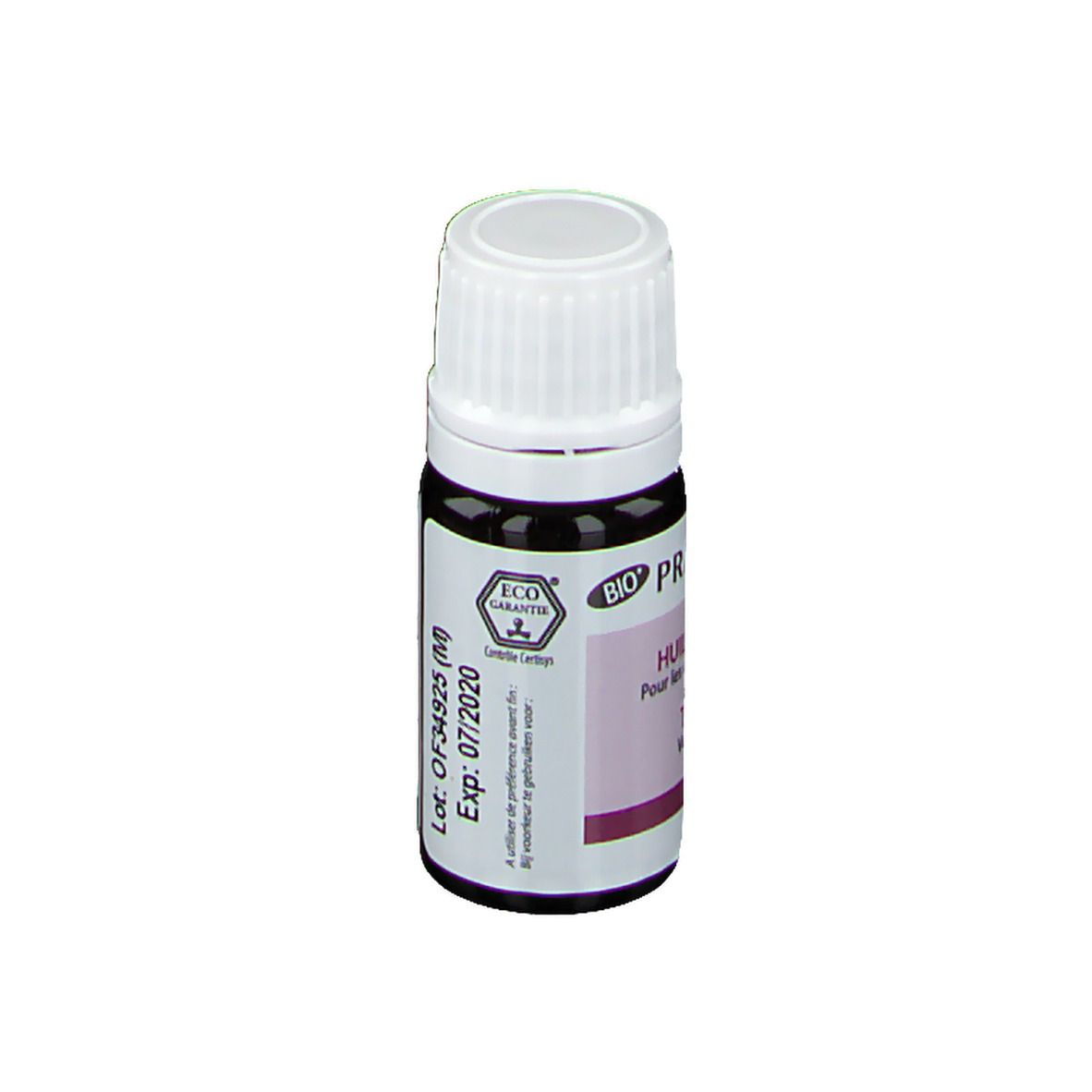 Petite bouteille avec bouchon blanc. Inscriptions: PRANAROM, HUILE MAMELONS, TEPEL OLIE, FEMINAISSANCE, certification BIO.