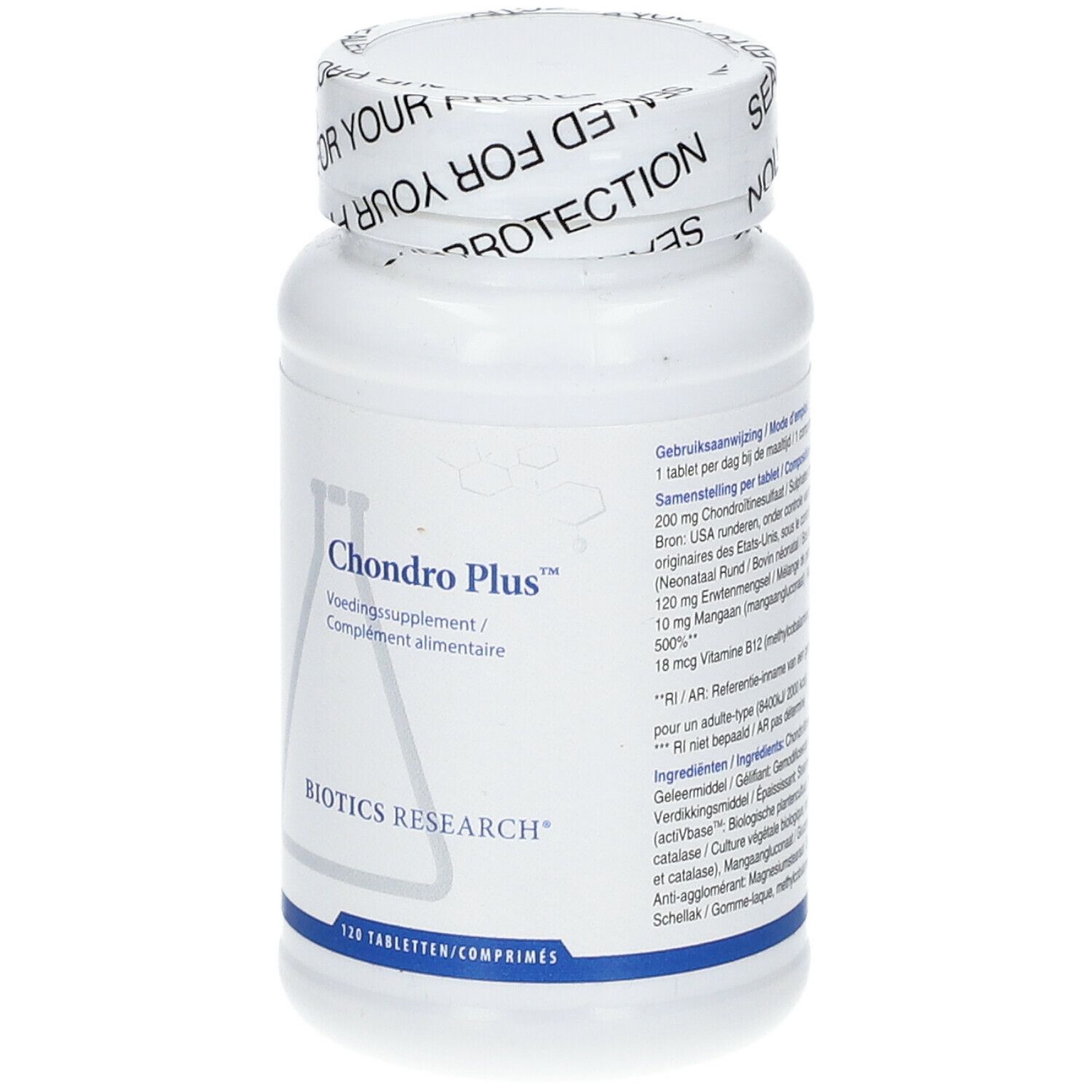 Flacone bianco di Chondro Plus™ con etichetta. Contiene 120 compresse. Logo Biotics Research.