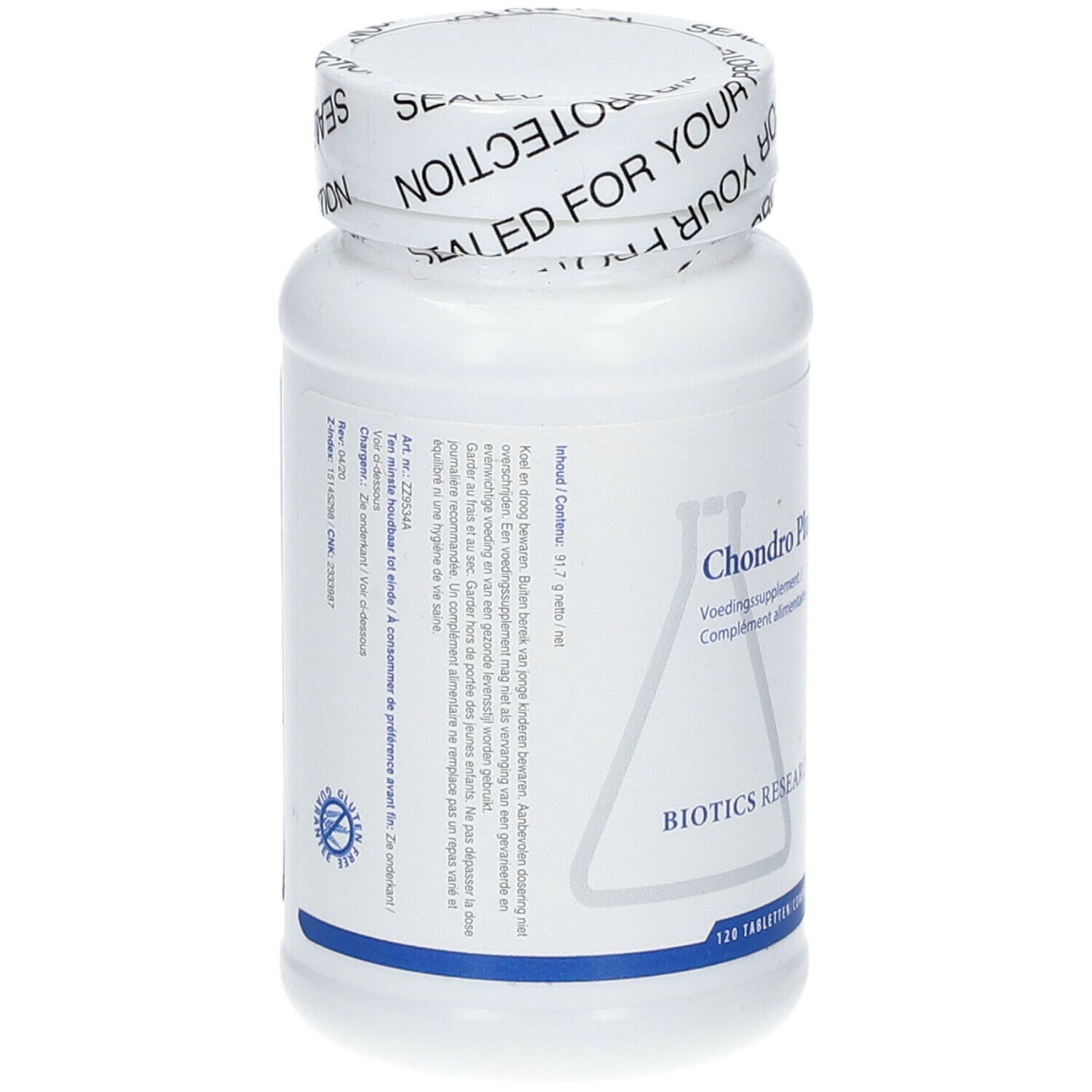 Flacone di compresse bianco con etichetta. Vista posteriore con testo. Logo Biotics Research. 120 compresse.