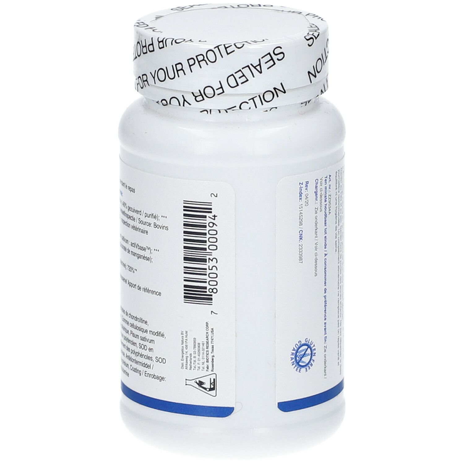 Flacone di compresse bianco, vista posteriore. Codice a barre e testo. Logo Biotics Research. 120 compresse.