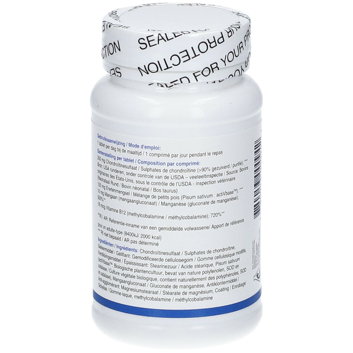 Flacone di compresse bianco, vista posteriore con testo. Logo Biotics Research. 120 compresse.