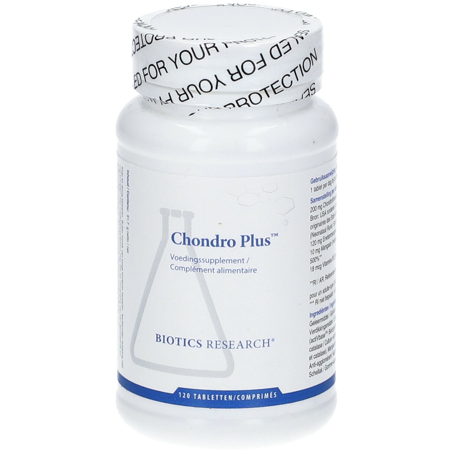 Flacone bianco di Chondro Plus™ con etichetta. Contiene 120 compresse. Logo Biotics Research.