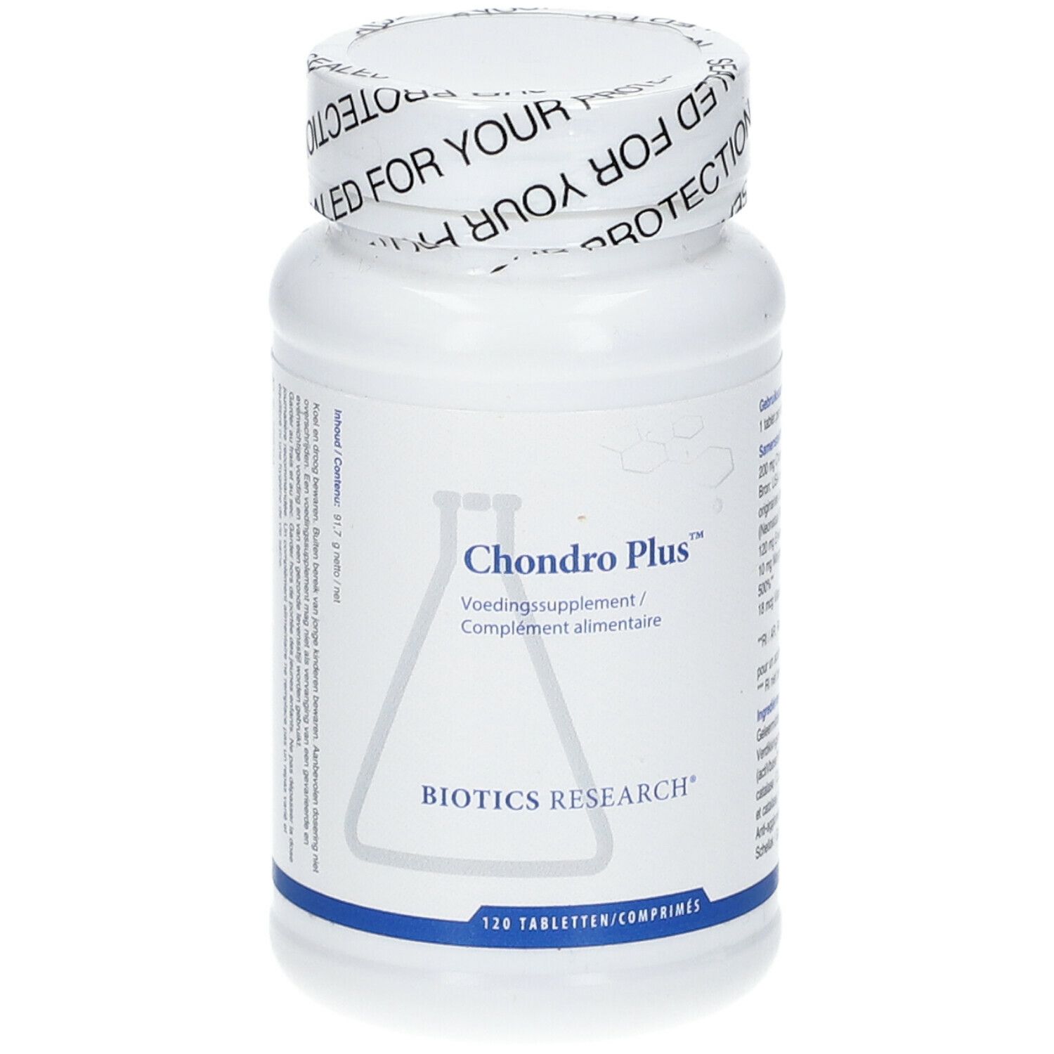 Flacone bianco di Chondro Plus™ con etichetta. Contiene 120 compresse. Logo Biotics Research.