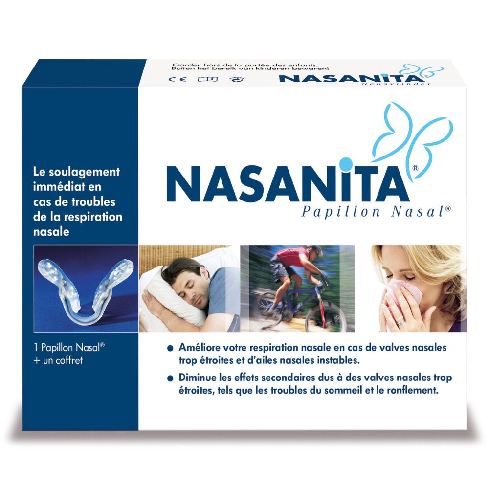 Boîte de Nasanita® Le Papillon Nasal. Contient image du produit, nom et illustrations.