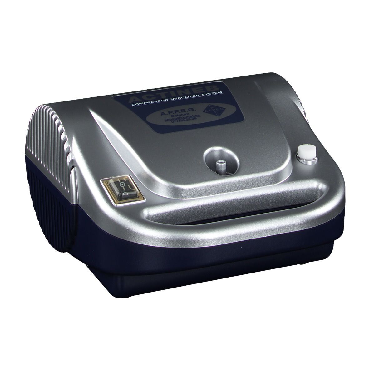 APPEG Actineb vernevelaar. Zilver-blauwe behuizing, handvat, aan/uit-schakelaar, sproeier, draaiknop. Tekst: ACTINEB, COMPRESSOR NEBULIZER SYSTEM.